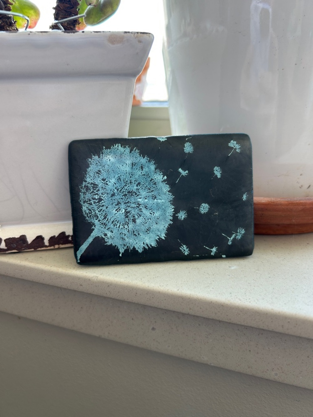 Hand-Painted Dandelion Glass Belt Buckle - Gray with Teal Design